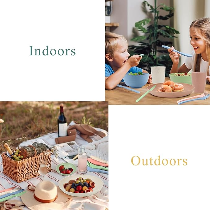 wheat straw bowls,plates,cups and cutlery sets 28 pcs - Unbreakable Dishwasher Safe dinnerware sets service for 4 - Ideal dish sets for kitchen, camping, indoors and out doors.Nordic