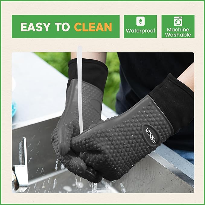 GEEKHOM BBQ Gloves Heat Resistant Oven Mitts - Silicone Grilling Gloves with 14" Long Arm Protection - Waterproof Pot Holder Non-Slip for Men & Women, Kitchen Cooking, Baking, Camping, Gray