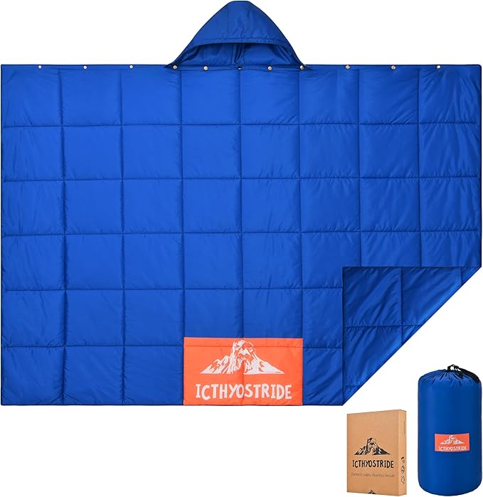 Puffy Camping Blanket with Detachable Hooded Snap-Poncho Waterproof Double-Sided Printed Reversible for Travel, Hike Cold Weather, Navy