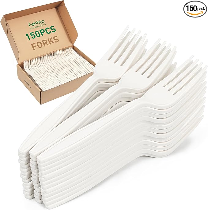 100% Compostable Fork, 7" 150pcs Disposable Cornstarch Forks Heavy Duty Cutlery BPI Certified Eco-Friendly Utensils Biodegradable Party Dinner Supplies No Plastic, Ivory White