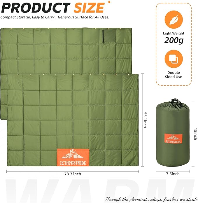 Puffy Camping Blanket with Detachable Hooded Snap-Poncho Waterproof Double-Sided Printed Reversible for Travel, Hike Cold Weather, Army