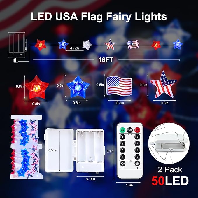 4th of July Decorations String Lights with Remote 2Pack, 16FT Red White Blue Patriotic Lights with 50LED Flag Stars, USB & Battery Powered Fairy Light for Patriotic Memorial Day Independence Day Decor