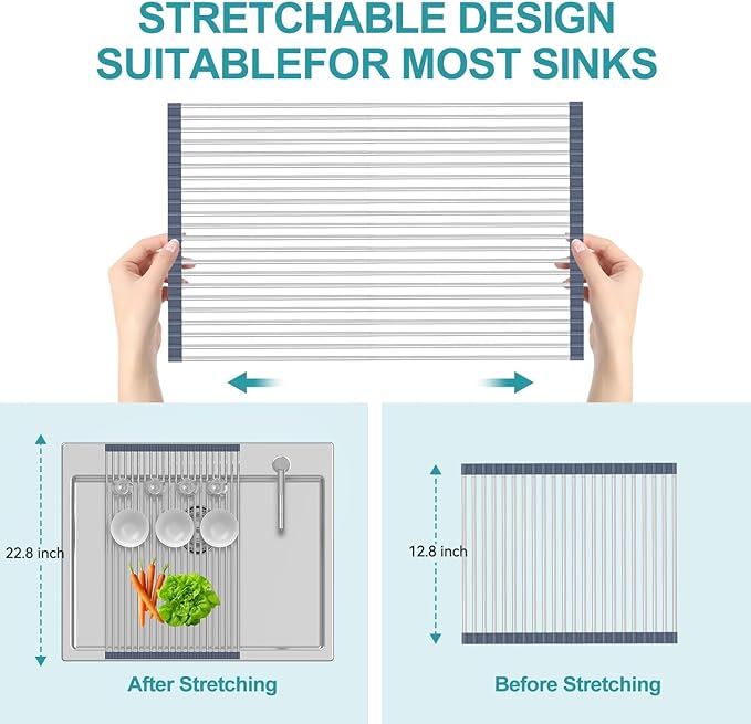 BBXTYLY Extra Large Expandable Roll Up Dish Drying Rack,Over The Sink Drying Rack Sink Cover Kitchen Sink Accessories Kitchen Rolling up Stainless Steel Drainer, Foldable,Rollable（Grey，22.8''-17''）