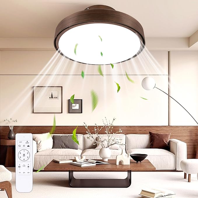 20" Bladeless Ceiling Fan with Light and Remote, LED Low Profile Flush Mount Ceiling Fan with 6 Speed Dimmable, 3000-6000K, Enclosed Modern Ceiling Fans for Bedroom Living Room (Round)