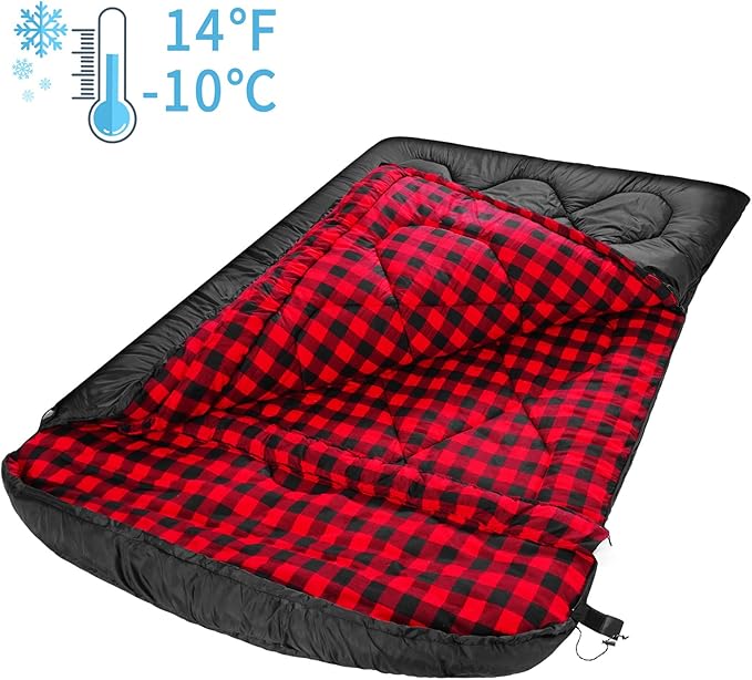 AGEMORE 0 Degree Double Sleeping Bag for Adults, Cotton Flannel Lined 2 Person Queen Size Warm Sleeping Bag for Family Winter Camping or RV Traveling