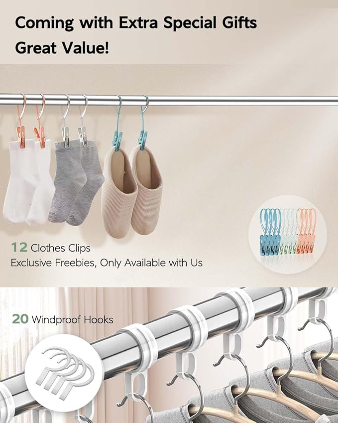 Clothes Drying Rack 63 Inches Folding Indoor Outdoor, Drying Rack Clothing Collapsible, Foldable Portable Laundry Drying Rack, Heavy Duty Laundry Hanger Dryer Rack, with 20 Hooks 12 Clips