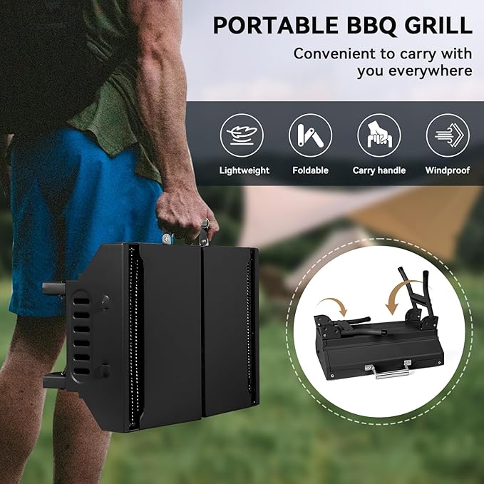 Portable Charcoal Grill Foldable Grills BBQ Grill Charcoal Small Grill for Travel, Camping, Outdoor Cooking, Backyard, Hiking, Patio Garden, Picnics, Black