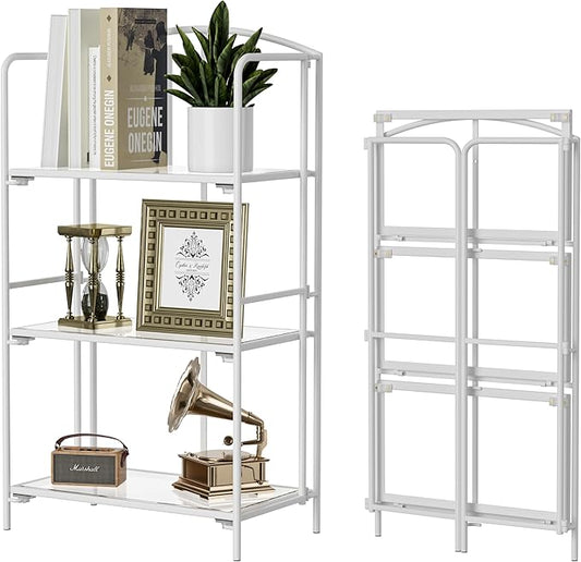 Crofy No Assembly Folding Bookshelf for Living Room, 3 Tier White Collapsible Book Shelf for Home Office, Portable Bookcase Storage Organizer