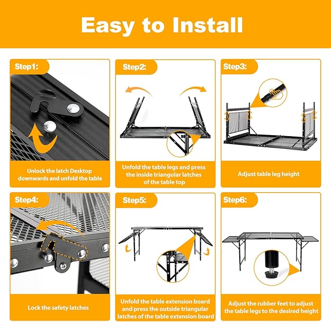 Grill Table Folding Table with 2 Wing Panels 4FT+1.77 FT with Mesh Desktop 3 Height Adjustable Portable Grill for Outdoor Indoor Beach BBQ Picnic Travel RV Black 69.3 x 23.62 inch