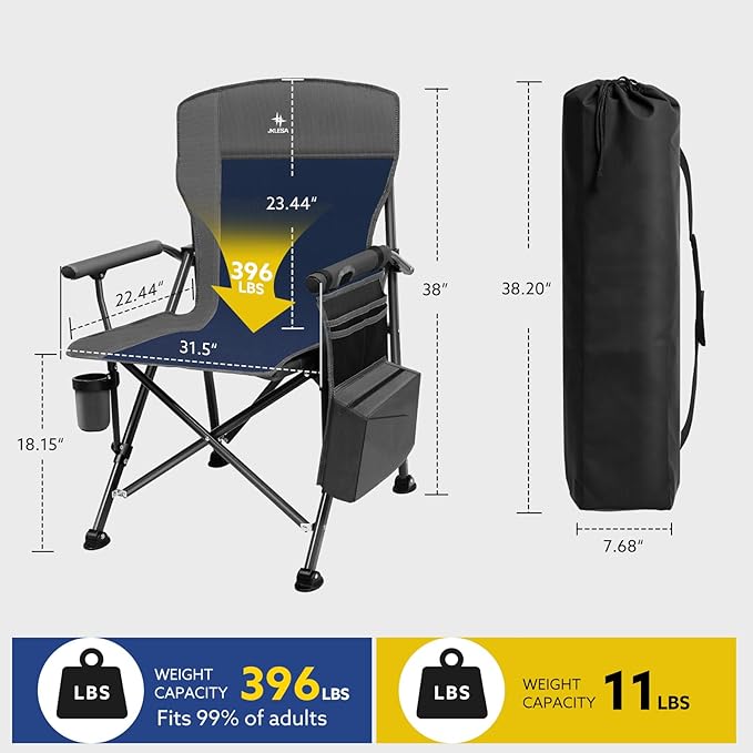 XL Heavy Duty Camping Chair 396lb Capacity (525lb Max) – Waterproof 1680D Oxford Fabric, 2" Padded Seat & Back, Cup Holder, Cooler Pocket, Portable for Camping, Beach & Tailgating (Slate/Navy)