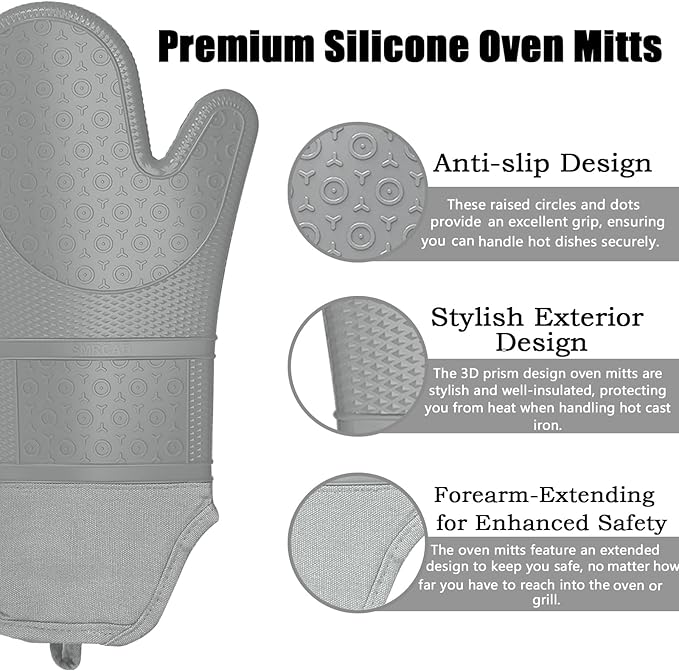 Oven Mitts with Heat-Resistant Hot Pads and Five Silicone Spatulas Designed for Kitchen Baking Cooking, Oven Glove Soft Cotton Lining, Waterproof, BPA-Free (Grey, 15.7)