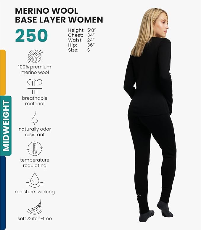 Merino.tech Merino Wool Base Layer Women Set - Heavyweight, Lite, Midweight Merino Thermal Underwear For Women Top, Bottom
