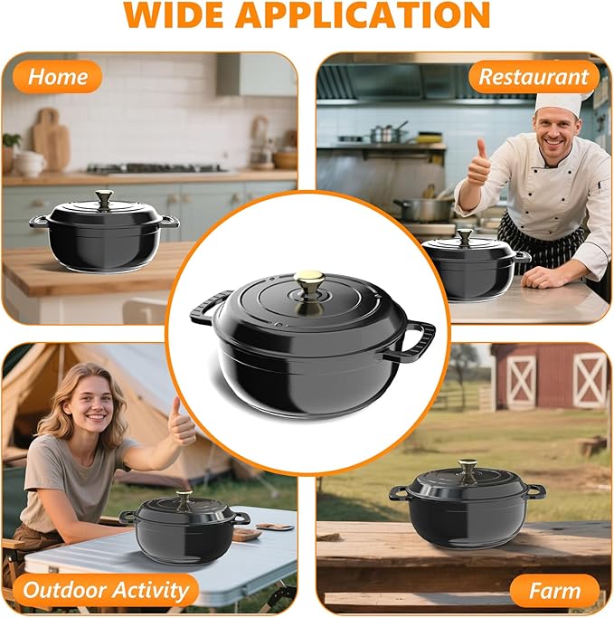 BONNLO 6QT Round Dutch Oven, Enameled Cast Iron Dutch Oven Pot with Lid & Dual Handles, Oven Safe Up to 500° F, for Sourdough, Bread Baking, Stews and Roasting (Black)