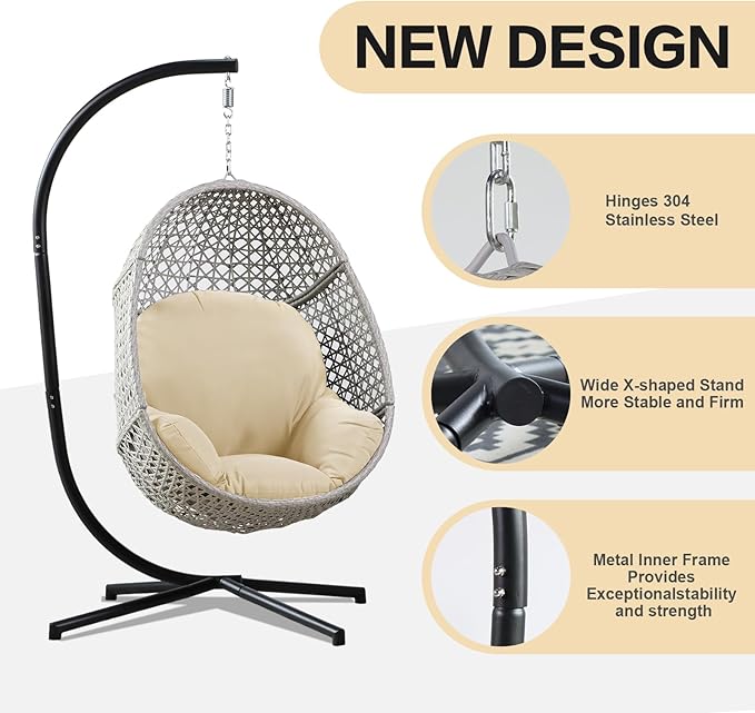 PRIVATE GARDEN Large Hanging Egg Chair with Stand Upgraded Wicker Egg Swing Chair Outdoor Indoor PE Rattan Hanging Chair with Beige Comfort Cushion Heavy Duty C-Stand