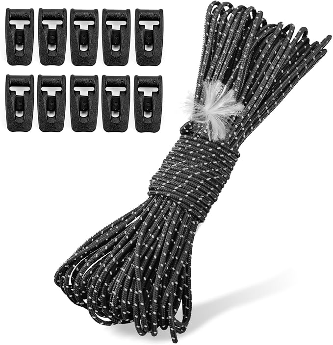 Hikeman Tent Guy Ropes 2mm-Ultralight Strong Guy Lines with Tensioner Reflective UHMWPE Fiber Tent Cord for Camping, Hiking, Backpacking Rope (Black, 65 Feet, 10 Tensioners)