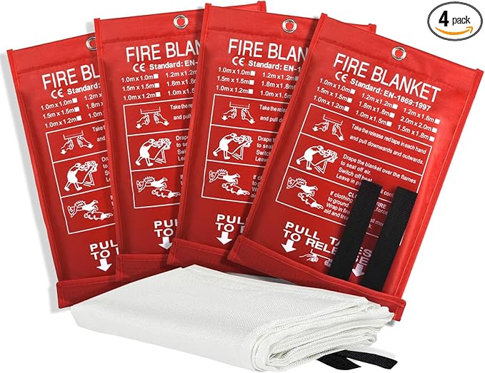 Smilco Emergency Fire Blanket for Home & Kitchen - 40x40 Flame-Retardant Fiberglass Fire Suppression Blankets, 4-Pack for Bedroom, Camping, BBQ & Emergency Safety (White)