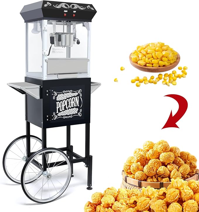 Popcorn Maker Machine - Professional Cart With 8 Oz Kettle Makes Up to 48 Cups, Stainless Steel Vintage Commercial Popcorn Machine Movie Theater Style (Black)