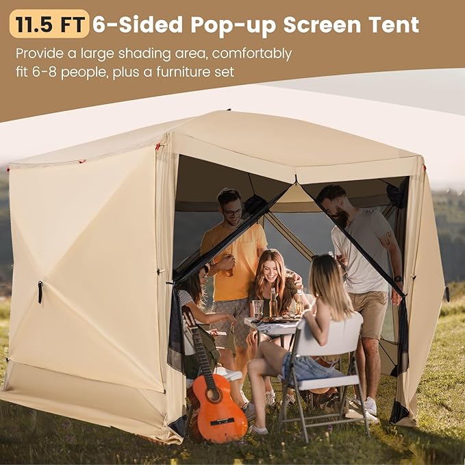 Tangkula 11.5x11.5 Ft Pop Up Gazebo with Netting, Portable Screen Tent with 6 Sided Mesh Walls, 2 Sunshade Cloths, Outdoor Instant Canopy Shelter with Carry Bag for Camping, Lawn, Backyard