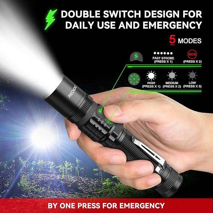 RECHOO Rechargeable Flashlights High Lumens, Double Switch S3000L LED Flashlight, Super Bright 5 Modes Zoomable Waterproof EDC Flashlights for Home, Emergncies, Camping(Battery Included)