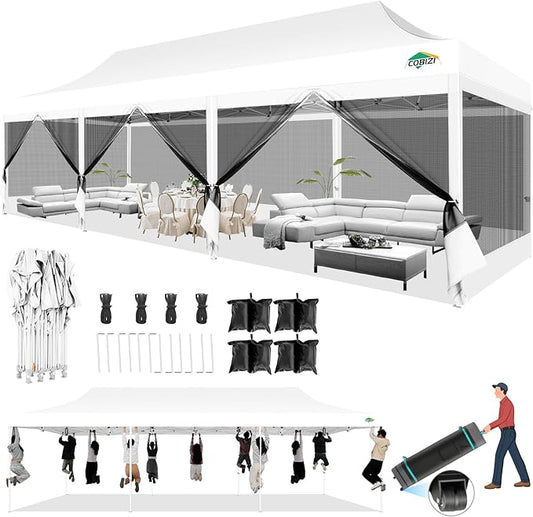 COBIZI 10x30 Canopy Tent with 8 Sidewalls,Heavy Duty Pop up Canopy Party Tent with Mosquito Netting,Easy up Screen Canopy for Parties Wedding Outdoor Patio with Roller Bag,Sandbag,White