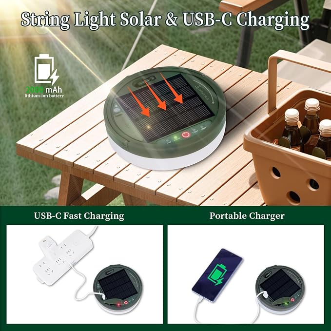 Solar Camping Lights with 13 Lighting Modes,33 FT Fairy Lights 130LEDs,Portable Waterproof 4 in 1 Camping Lantern,Retractable Design & Hooks for Outdoor Garden Party Essentials