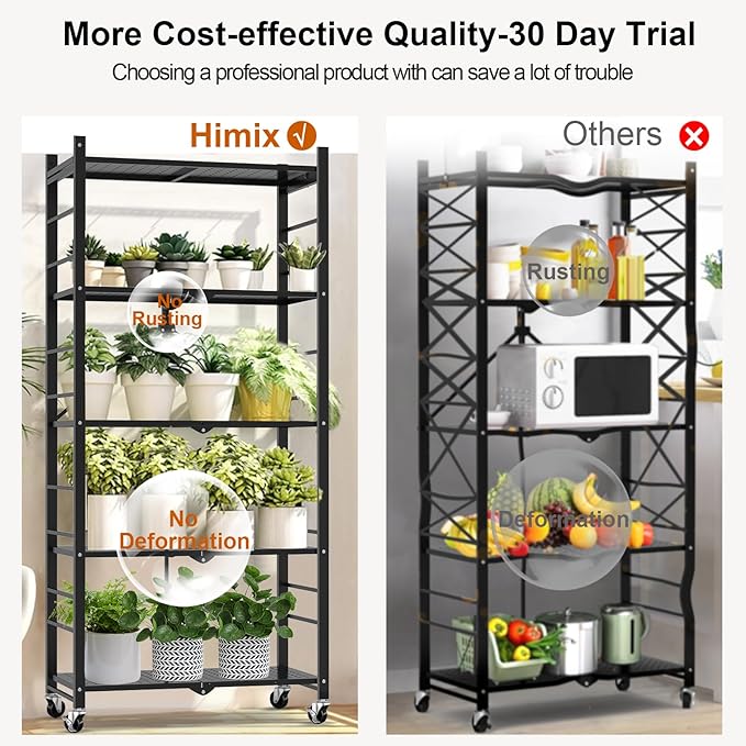 Himix Storage Shelves with 20 Hooks, 5-Tier Collapsible Organization Storage Rack Bookshelf Folding Pantry Shelves Cube Shelf Wire Shelving Holds 440 Ibs for Garage Kitchen Room