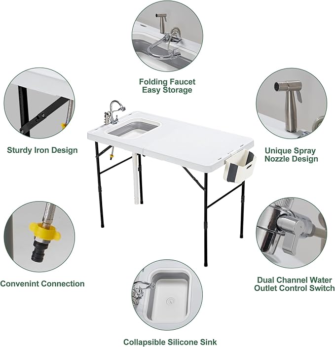 Dragosum 50" Folding Fish Cleaning Table with Foldable Sink, Outdoor Fillet Station Portable Camping Kitchen Station with Smaller Folding Volume, Larger Desktop, Fish Cleaning Kit