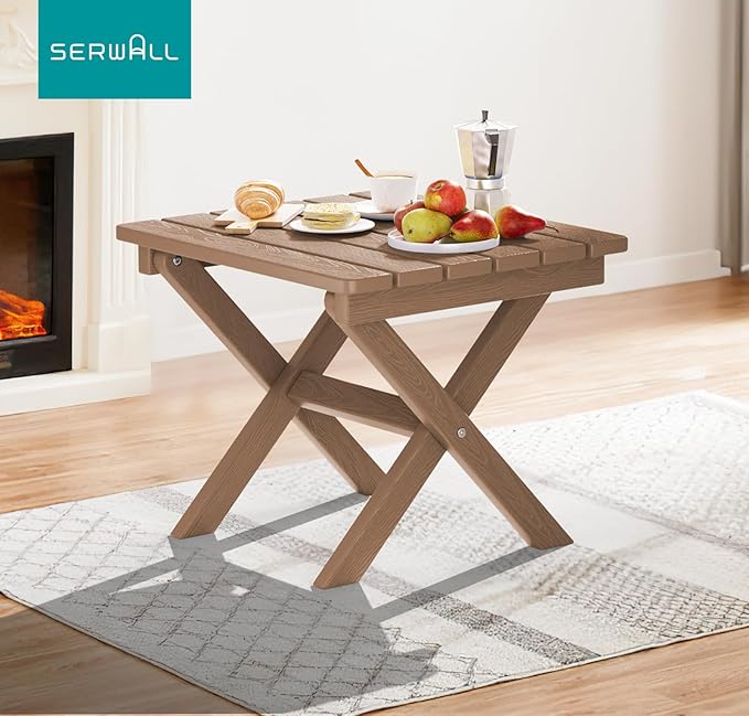 SERWALL Folding Outdoor Side Table, HDPE Adirondack End Table, No Assembly Required Small Table for Indoor and Outdoor Use, Brown