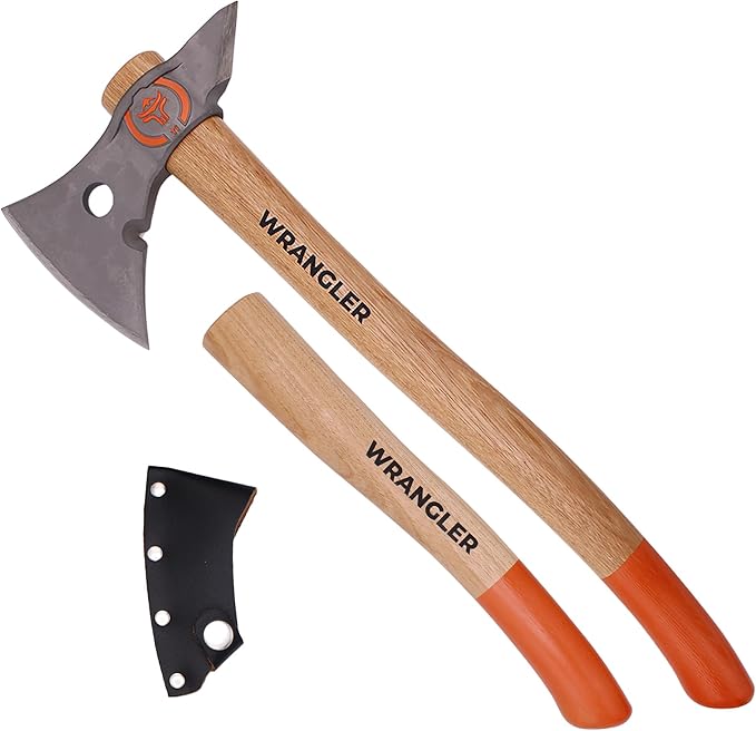 Wrangler Tools - Titanium Camp Axe - 18" & 11.5" Wood Hickory Handles - Tomahawk Axe Spike End - 2-Piece Slip-Fit Design - Includes Blade Sheath and 2 Handles - Survival Axe