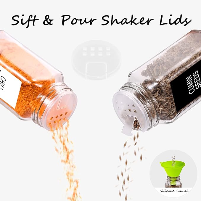 Churboro 66 Spice Jars with 547 Labels- Glass Spice Jars with Black Metal Caps, 4oz Empty Spice Containers with Shaker Lids, Funnel, Chalk Pen, Square Seasoning Bottles for Spice Rack, Drawer, Cabinet