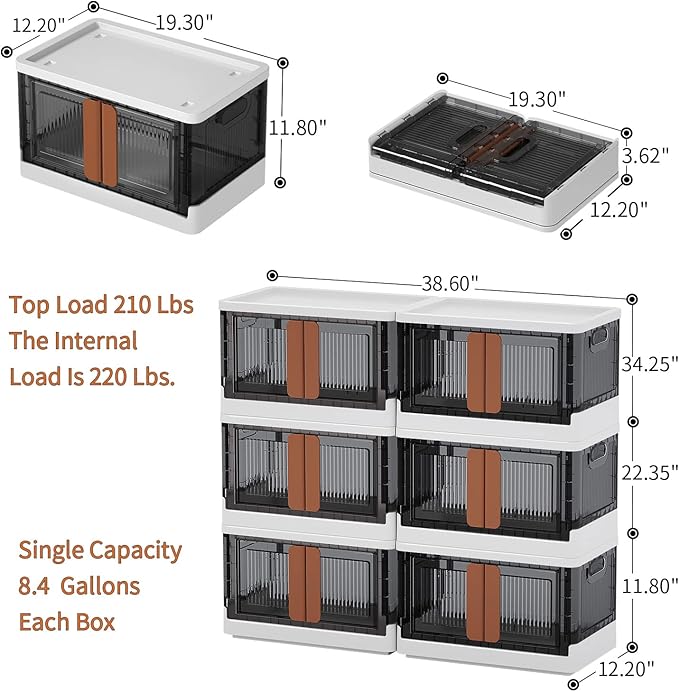 HAIXIN Storage Cabinet, Plastic Shelves Organizer, Folding Storage Box, Collapsible Totes For Storage, 8.4 Gal Clear Storage Bins, Stackable Under Bed Storage Container, 6 Pack Bookshelf