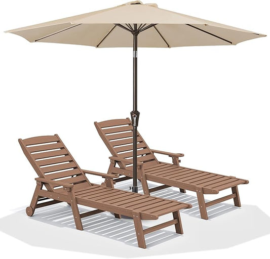 SERWALL Patio Chaise Lounge Chair Set of 2 with 9FT Patio Umbrella, 78'' HDPE Outdoor Lounger 5 Positions Adjustable, Poly Lounge Chair with Rolling Wheels & Cup Holder for Pool,Wooden Brown