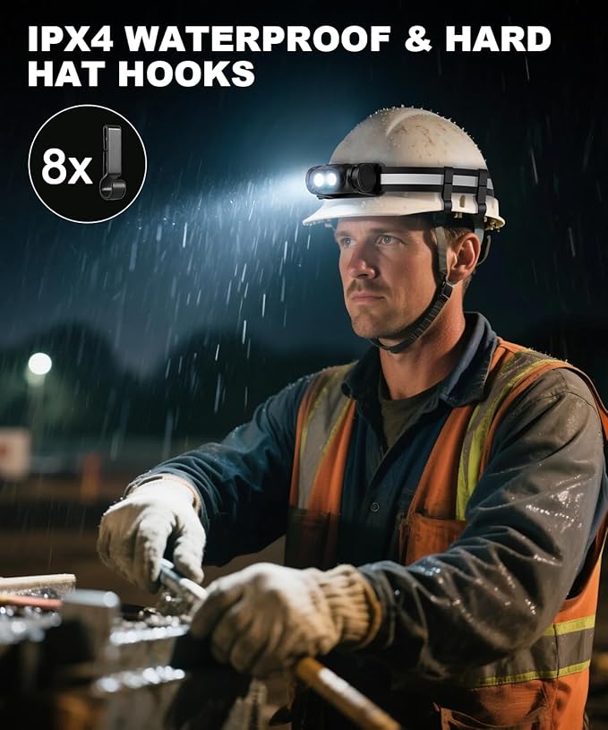 Rechargeable Running Headlamp, 1500 Lumens Bright Head Lamp Led with Motion Sensor, 4 Modes, Magnet, Detachable Flashlight & Headband for Adult, Outdoor, Emergency, Hard Hat Light 2PC