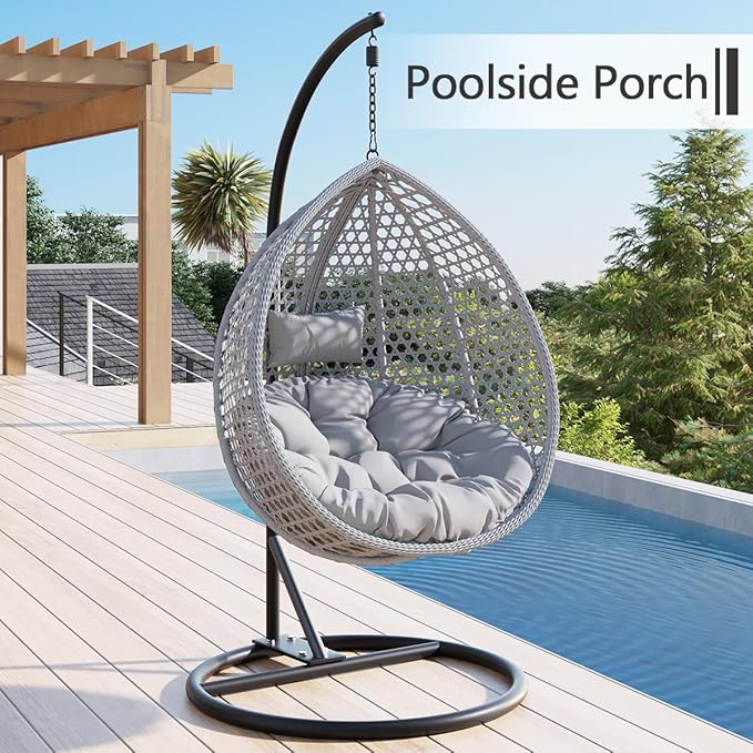 JUFU Egg Swing Chair with Stand,Hanging Egg Chair Indoor Outdoor,Hammock Hanging Basket Chair with Aluminum Steel Frame，Patio Egg Chair with Removable Cushions for Patio Balcony Backyard,Bedrooms