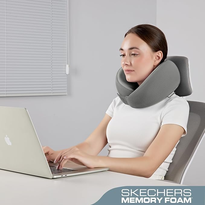Skechers Memory Foam Neck Pillow, Comfortable & Breathable Travel Pillow,Neck Pillow Airplane for Travel, Car Rides, Home, and Office Use, Ergonomic Design for Men and Women,Grey