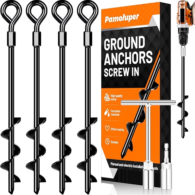 Ground Anchors Screw in, Heavy Duty Tent Stakes Trampoline Anchors 4Pack, Ground Anchors for Camping Tent, Canopies, Carports, Canopy, Sheds, Swing Sets,14in Ground Anchors for High Winds