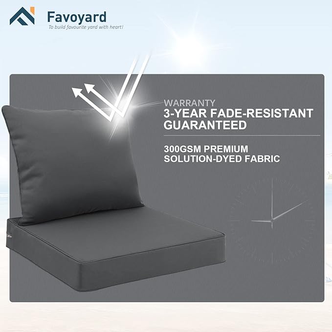 Favoyard Outdoor Seat Cushion Set 22 x 24 Inch Waterproof & Fade Resistant Patio Furniture Cushions with Removable Cover Deep Seat & Back Cushion with Handle and Adjustable Straps for Chair Sofa Couch