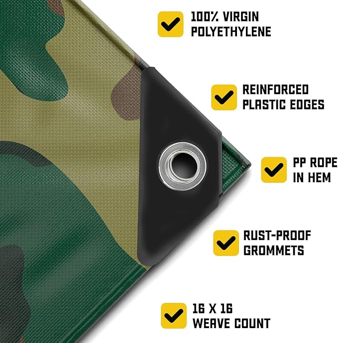Core Tarps Extreme Heavy Duty 20 Mil Tarp Cover, Waterproof, UV Resistant, Rip and Tear Proof, Poly Tarpaulin with Reinforced Edges for Roof, Camping, Patio, Pool, Boat (Camouflage/Green 20′ X 20′)