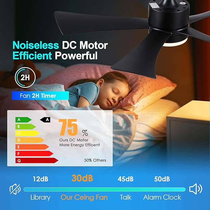 Ceiling Fans with Lights with Remote, Downrod, Bedroom Living Room (Black, 52 inch)