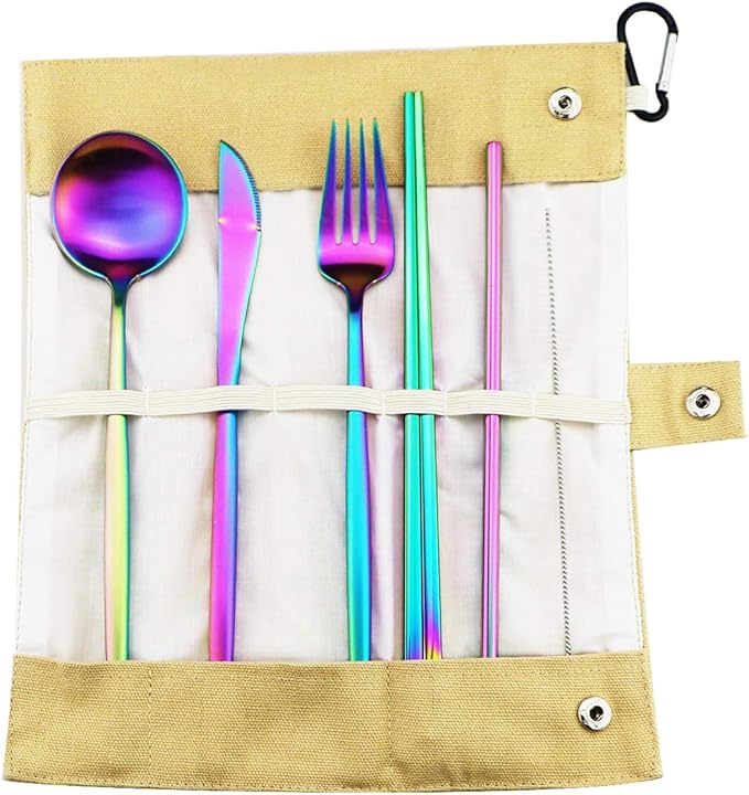 Gugrida Reusable Travel Utensils, 7 Piece Portable 304 Stainless Steel including Knife Fork Spoon Chopsticks Cleaning Brush Straws Portable Pouch, Eco-friendly Camping Silverware Set, Dishwasher Safe