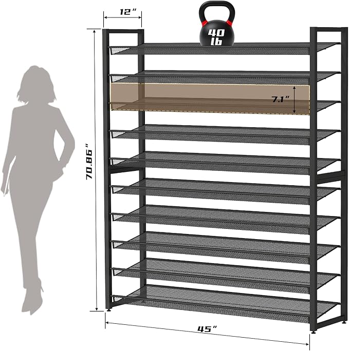 Metal Shoe Rack,Large 10 Tier Shoe Organizer, Heavy Duty Metal 5-Tier Stackable Shoe Storage Vertical Shoe Rack for Closet Front Door Entrance,Entryway,GarageUp to 62 Pairs,Black