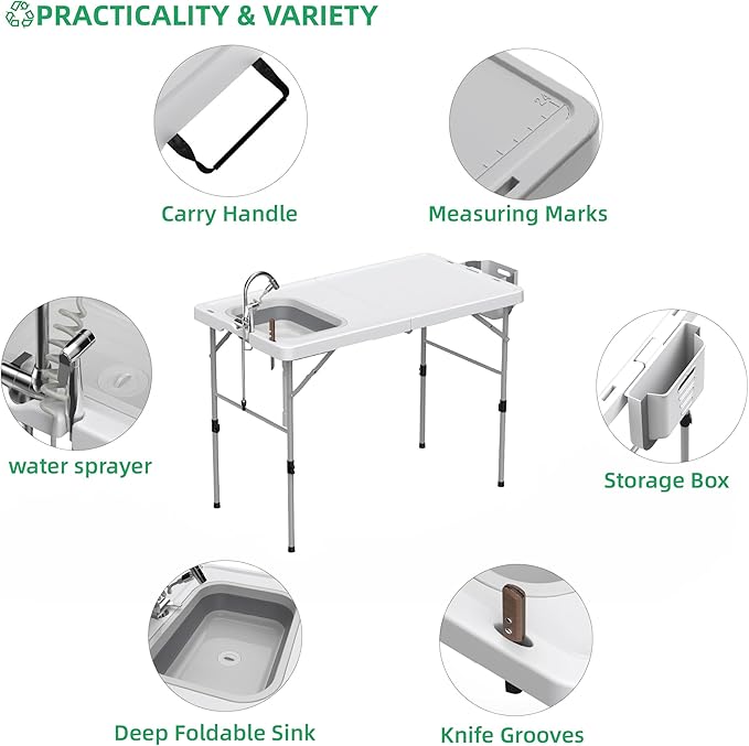 Allpop 50'' Folding Fish Cleaning Table with Foldable Sink, Fold-in-Half Portable Camping Fish Station with Foldable Faucet, Drainage Hose, Sprayer, Storage Box, Grooves & Carry Bag for Picnic, White