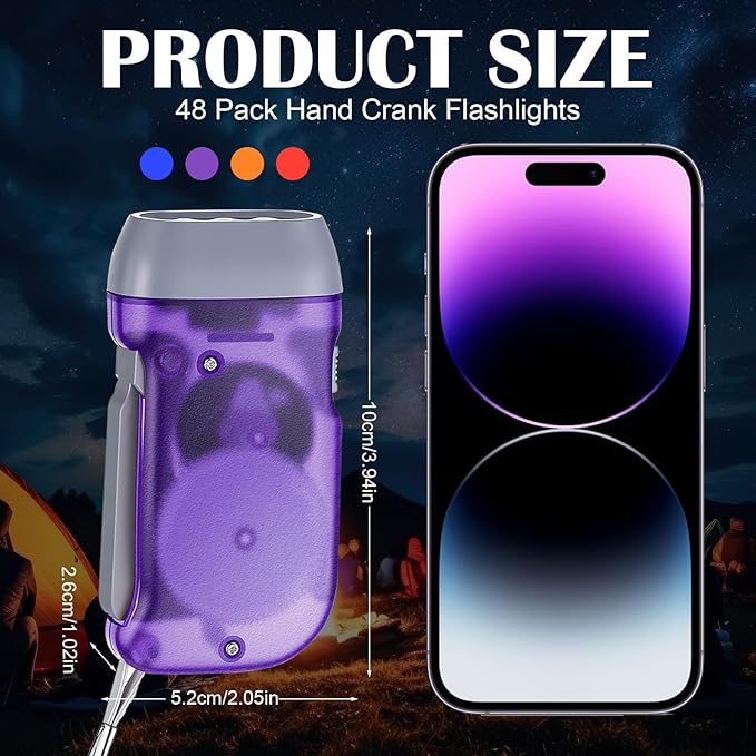 Leelosp 48 Pcs Hand Crank Flashlight No Battery Required Cranked Flashlight Manual Press Flash Light 3 LED Squeeze Light for Camping Hiking Power Outage Gift(Red Blue Purple Orange)
