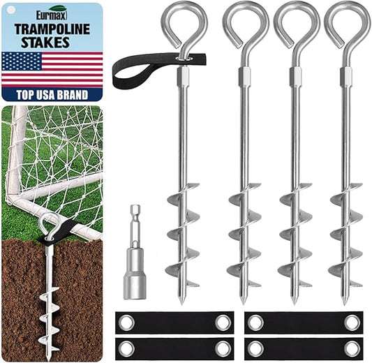 Eurmax USA Trampoline Stakes Screw in Tent Stakes Parts Heavy Duty for Canopies,4-Pack Outdoor Anchor Kit with Straps(Silver)