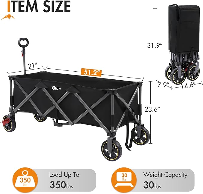 PORTAL 51.2" Long Wagons Carts Foldable with Brakes, Large Foldable Wagon with Cargo Net, Side Pocket, Cup Holders, 350 LBs Heavy Duty Utility Grocery Wagons for Sports, Camping