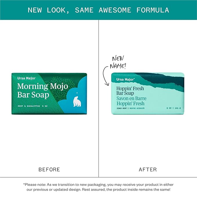 Ursa Major Hoppin' Fresh Bar Soap | Formerly Known As Morning Mojo Bar Soap | Natural, Exfoliating Soap with Peppermint, Eucalyptus and Rosemary | Formulated for Men and Women | 5 ounces | 2-Pack