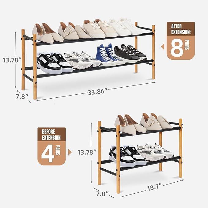 STORAGE MANIAC Expandable Shoe Rack, 8 Pairs Stackable Small Shoe Rack, Metal Adjustable Shoes Organizer for Closet, Entryway, Hallway, Garage, Front Door, Shoes Shelves, Bamboo 2 Tier