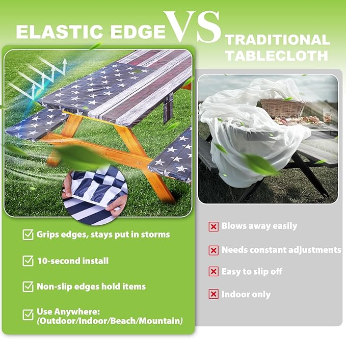 Fitted Picnic Table Cover with Bench Covers Waterproof Elastic Edges Rectangle Patio Tablecloth Outdoor Camping Essentials Stuff Rv Accessories Summer Trip Travel Supplies Party Camper Gifts, 8 ft