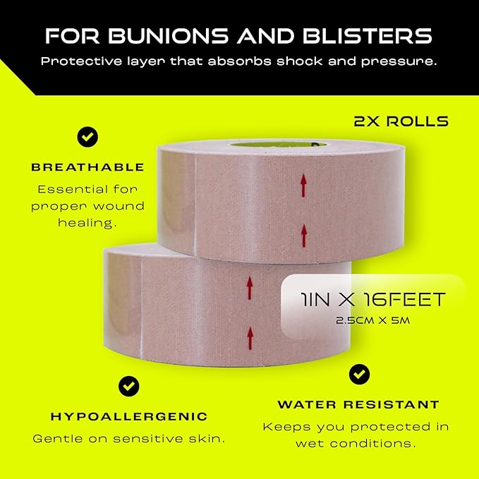 Moleskin Tape - 1in x 16ft - Blister Prevention Tape, Medical Padding Tape | Water Resistant & Hypoallergenic | Thin Mole Skin Padding & Athletic Tape for Running, Hiking, Walking - 2 Rolls