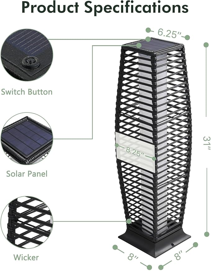 Grand patio Outdoor Floor Lamp Solar Powered Lantern Waterproof Wicker Boho Deck Lights for Garden Porch Decor, Large Crossover